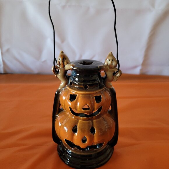 Jack O Lantern Halloween Ceramic Pumpkin & Ghost Votive Candle Tea Light Holder - Picture 1 of 4